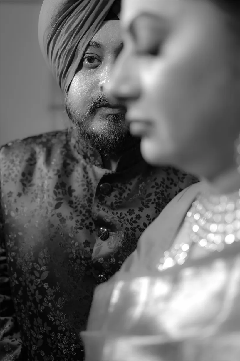 Black and white close portrait of a bride and groom