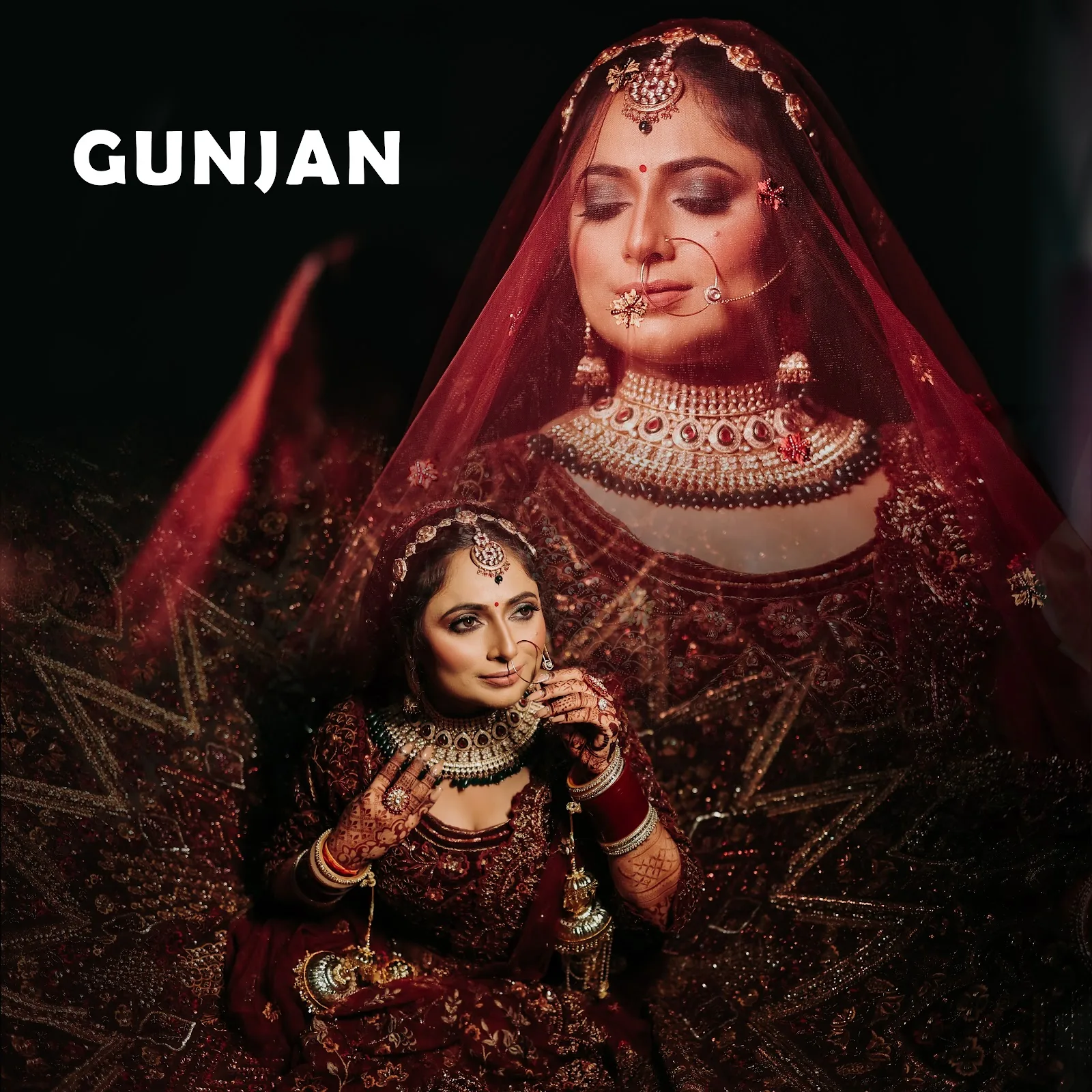 Gunjan — bride in a deep red lehenga and veil