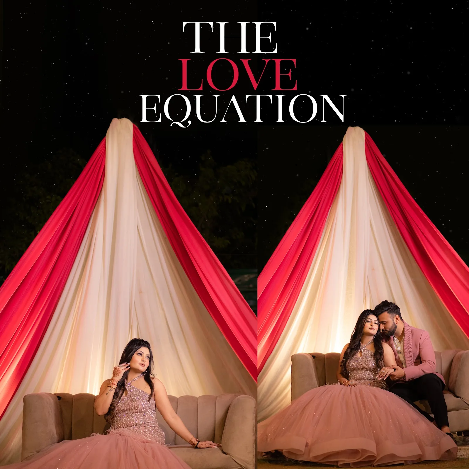 The Love Equation — couple beneath draped pink and ivory canopies